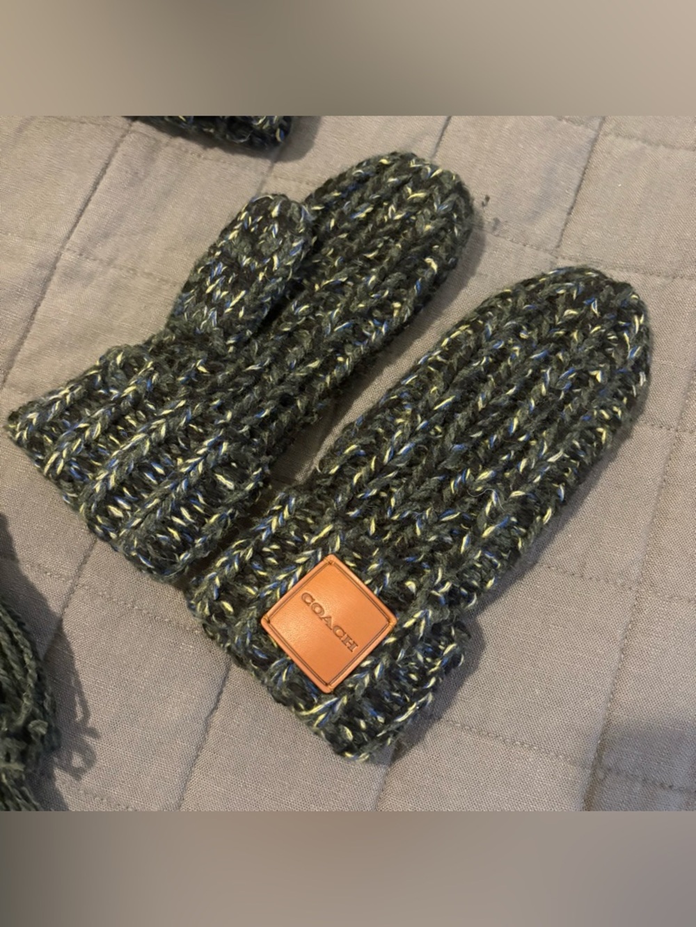 COACH Olive Green Knit Pom Beanie, Scarf & Mittens Trio - Picture 4 of 5